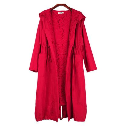 Large size women's fat mm coat female 2018 autumn new lace hooded waist red long sleeve windbreaker 7003